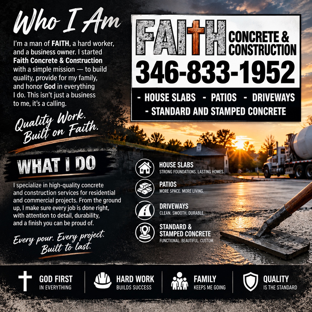 Faith Concrete and Construction business advertisement